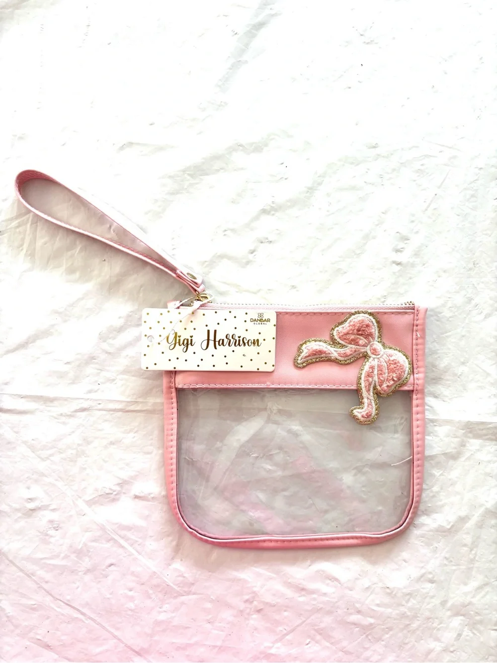 NWT Gigi Harrison Pink Gold Clear Wristlet Pouch with Bow